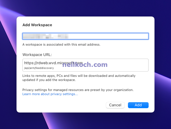 Microsoft Remote Desktop App - Add Workspace Via Email